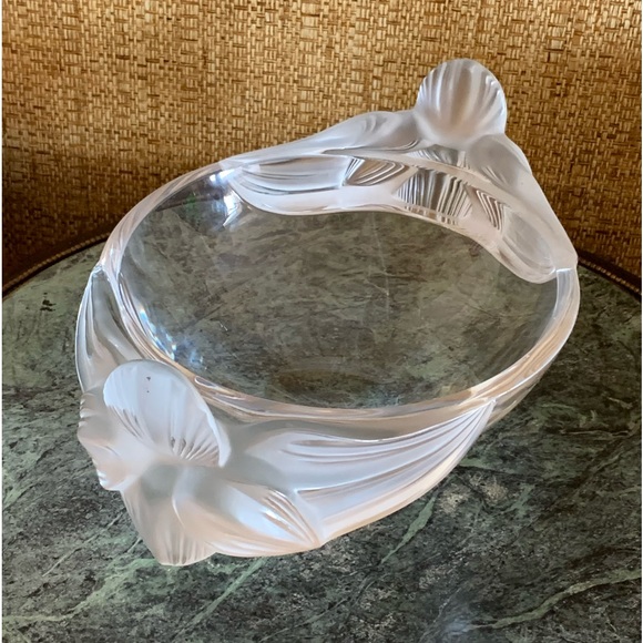 LALIQUE fruit bowl with double orchid L12.5”,D8.5”,H5 1/4”Signed Lalique France - Picture 3 of 12